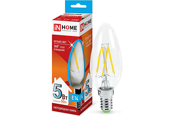 Лампа 5Вт. Е14 4000К  IN HOME свеча